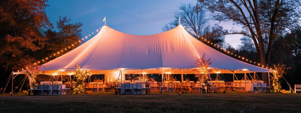 a beautifully arranged tented event adorned with vibrant seasonal decorations, showcasing elegant seating and ambient lighting that conveys a sense of warmth and comfort for guests amidst a picturesque outdoor setting.