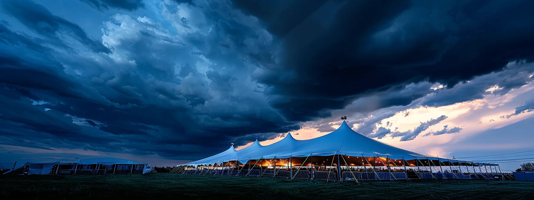 a dynamic outdoor event scene under a large tent, showcasing darkening storm clouds above while vigilant organizers monitor wind speeds and prepare for sudden weather changes, illuminated by dramatic lighting that emphasizes the tension in the atmosphere.