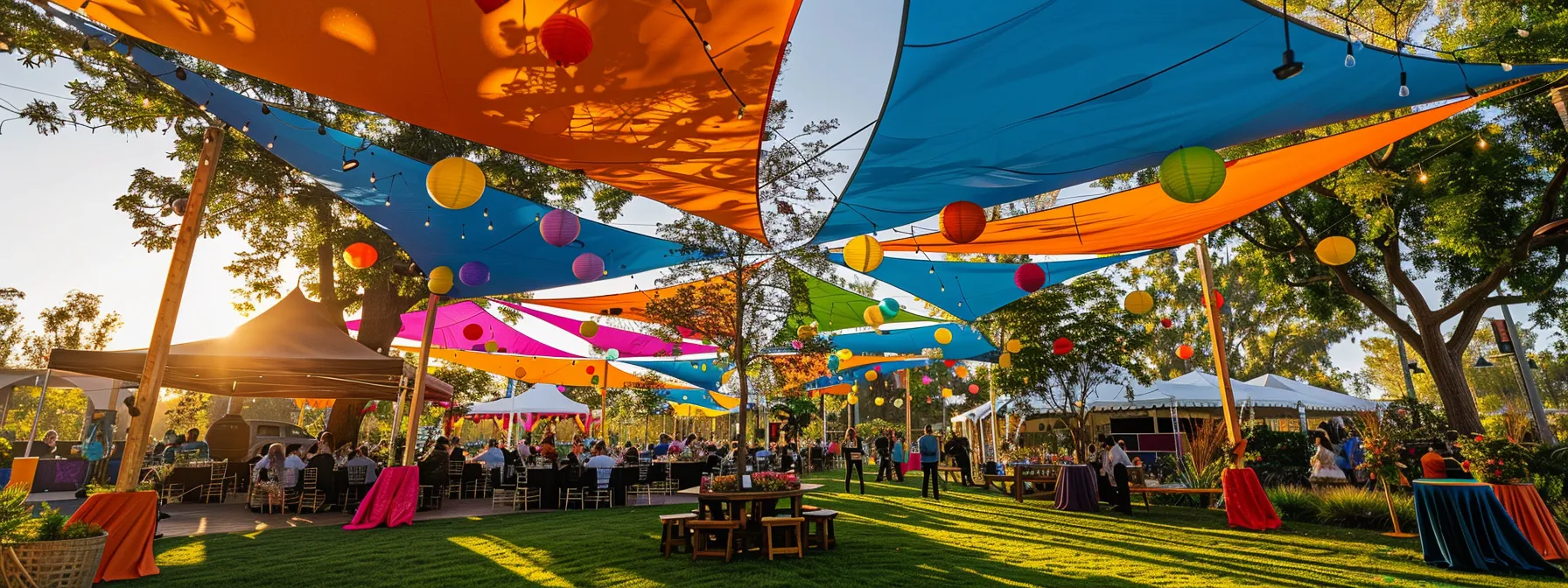 a vibrant outdoor event is beautifully adorned with colorful canopies, creating a harmonious and inviting atmosphere that captivates guests and emphasizes the theme of celebration.