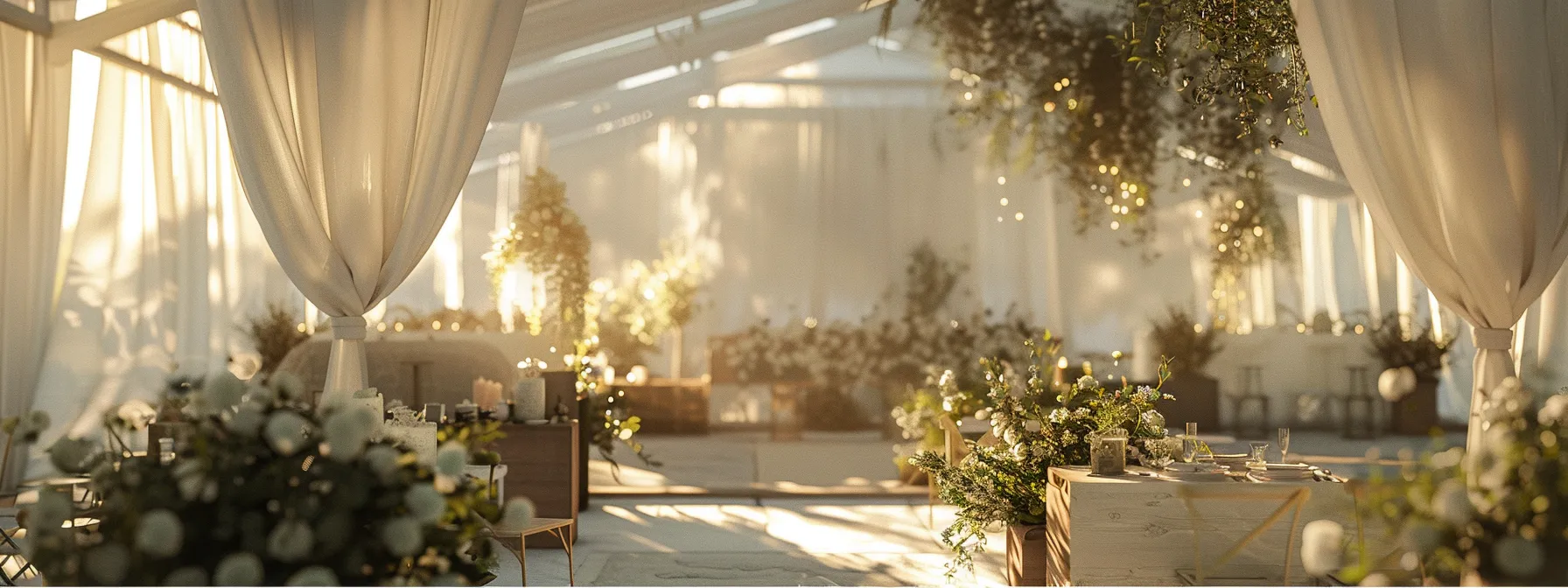 an elegantly arranged wedding tent with soft, ambient lighting, adorned with lush floral centerpieces and flowing white drapery, invites guests to celebrate in a beautifully curated space designed for joy and togetherness.