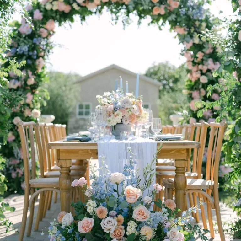 elegant setting for wedding chairs and table